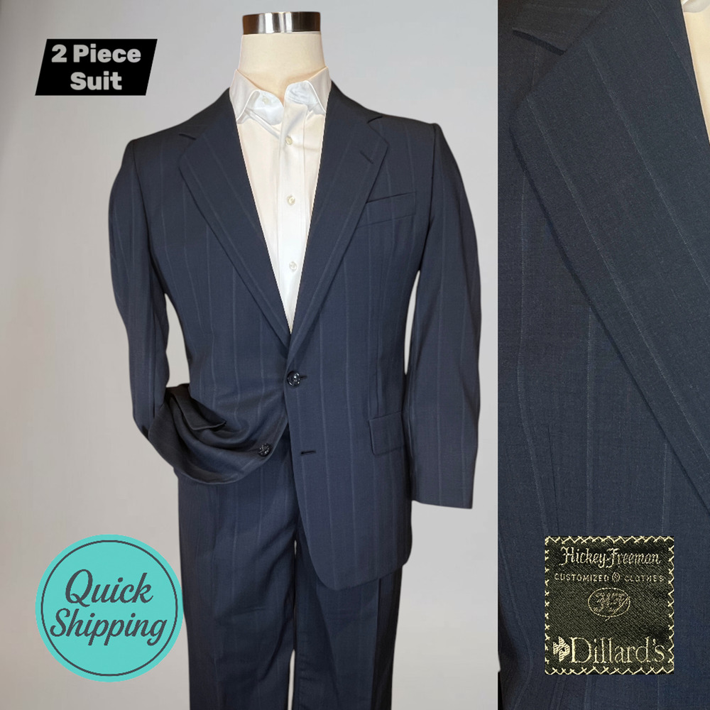 Hickey Freeman Collection 41R 31x30 Navy Blue Stripe Tailored Fit Suit